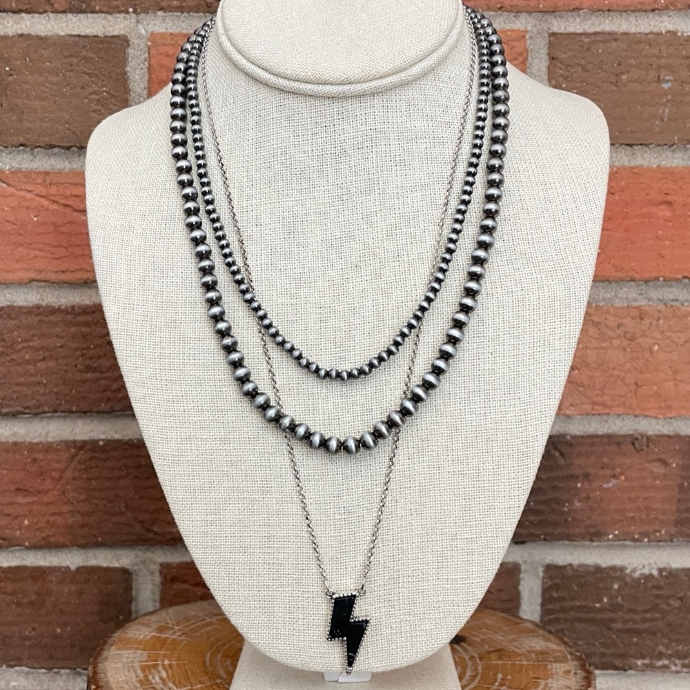 Black Lightning Bolt and Navajo Style Pearl Necklace